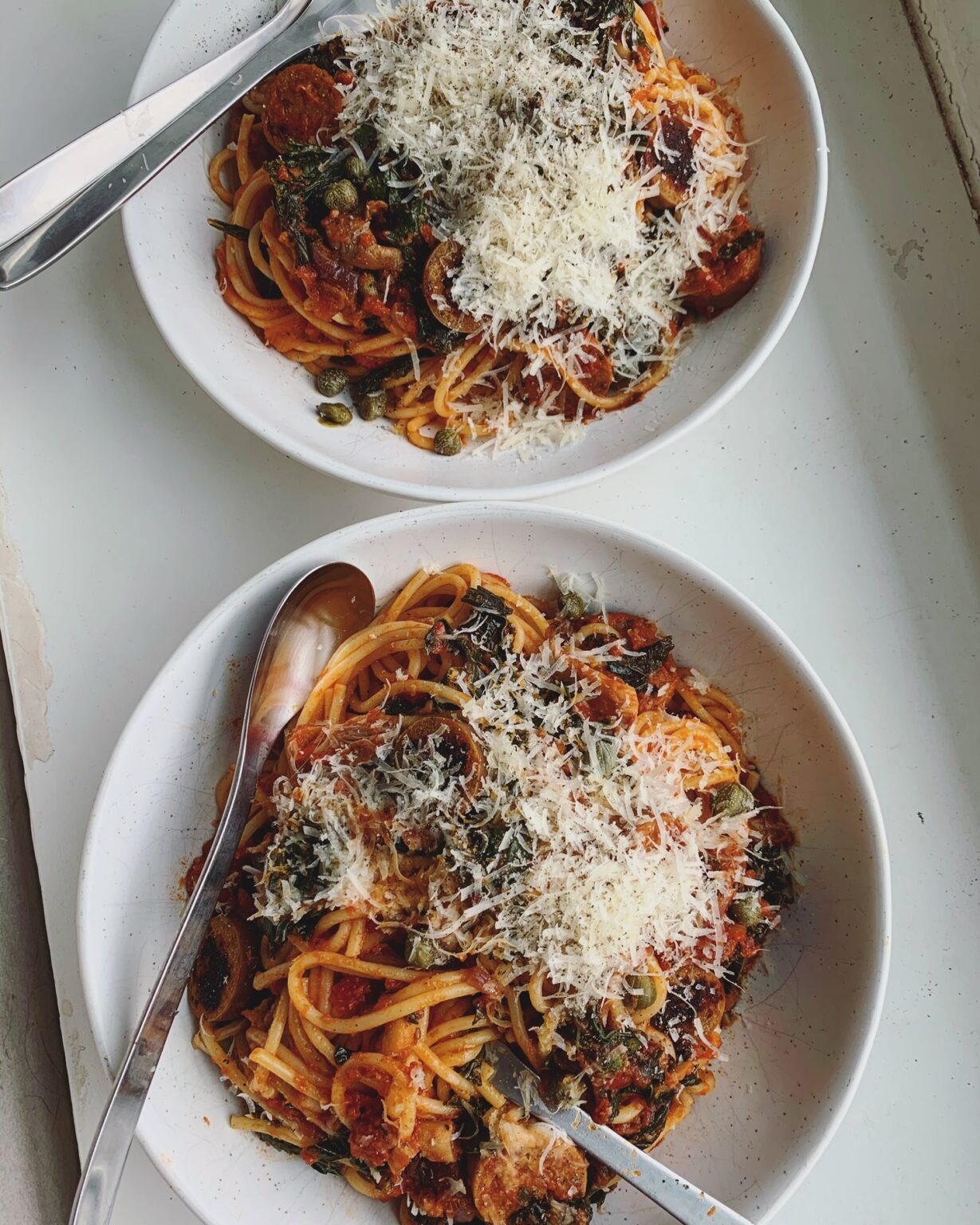 Spaghetti with Mushrooms, Kale and Sausage - Erin Ireland
